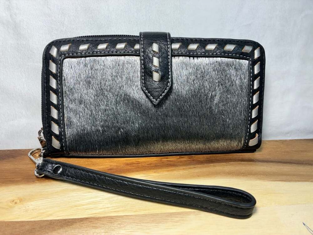 Catchfly Hair On Hide Wristlet Wallet Black Silver Western
